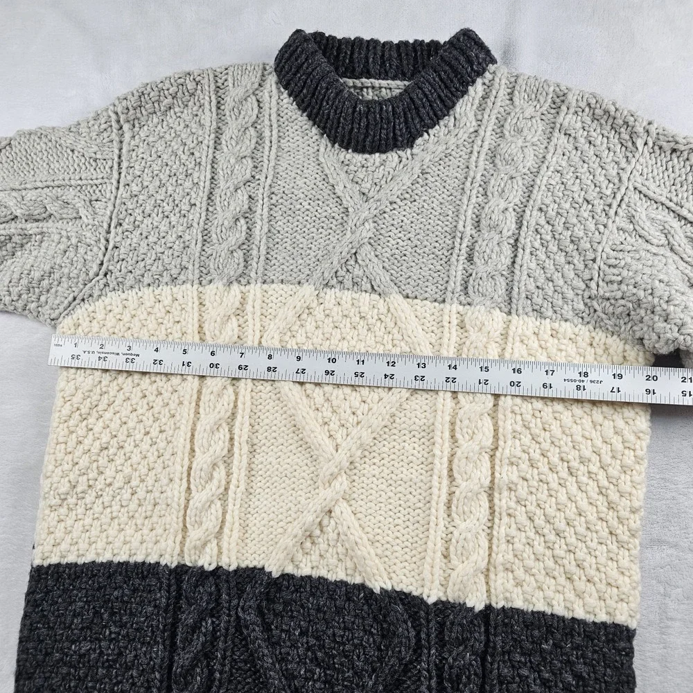 Vtg Aran Pullover Sweater Wool Fisherman Cable Knit Men 40 Colorblock Gray Cream